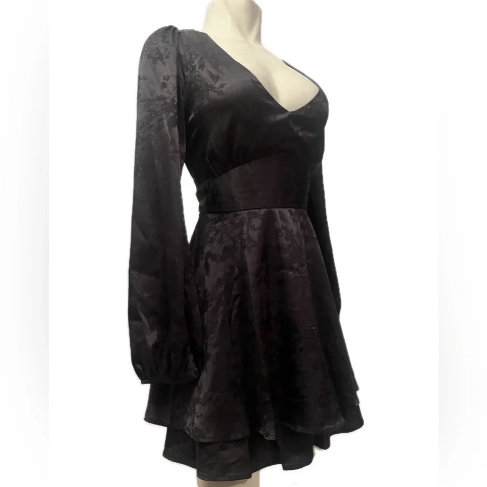 SOLD - Allison & Kelly Gothic Black Brocade Silky Backless Ruffle Mini Dress - Picture 1 of 8